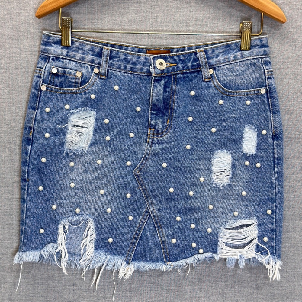 POL Premium Denim Womens Medium Wash Distressed Pearl Mini Skirt SMS18 Size M
